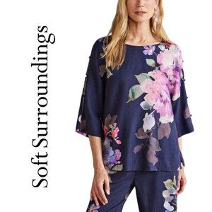 Soft Surroundings, Lizette, Linen Blend Peek-A-Boo Button Top,‎ Marseille Floral